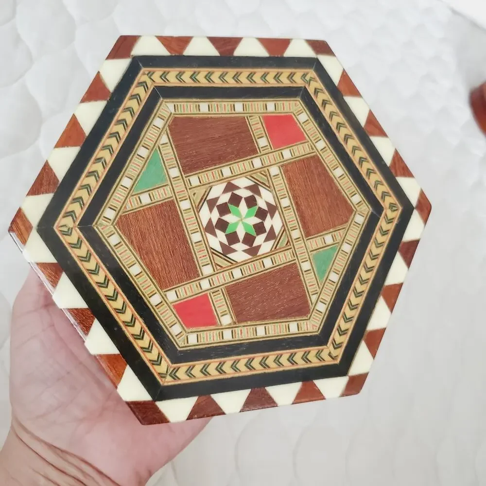 Vintage Spanish Marquetry Trinket Box| Hexagon Jewelry Inlaid Wood Taracea